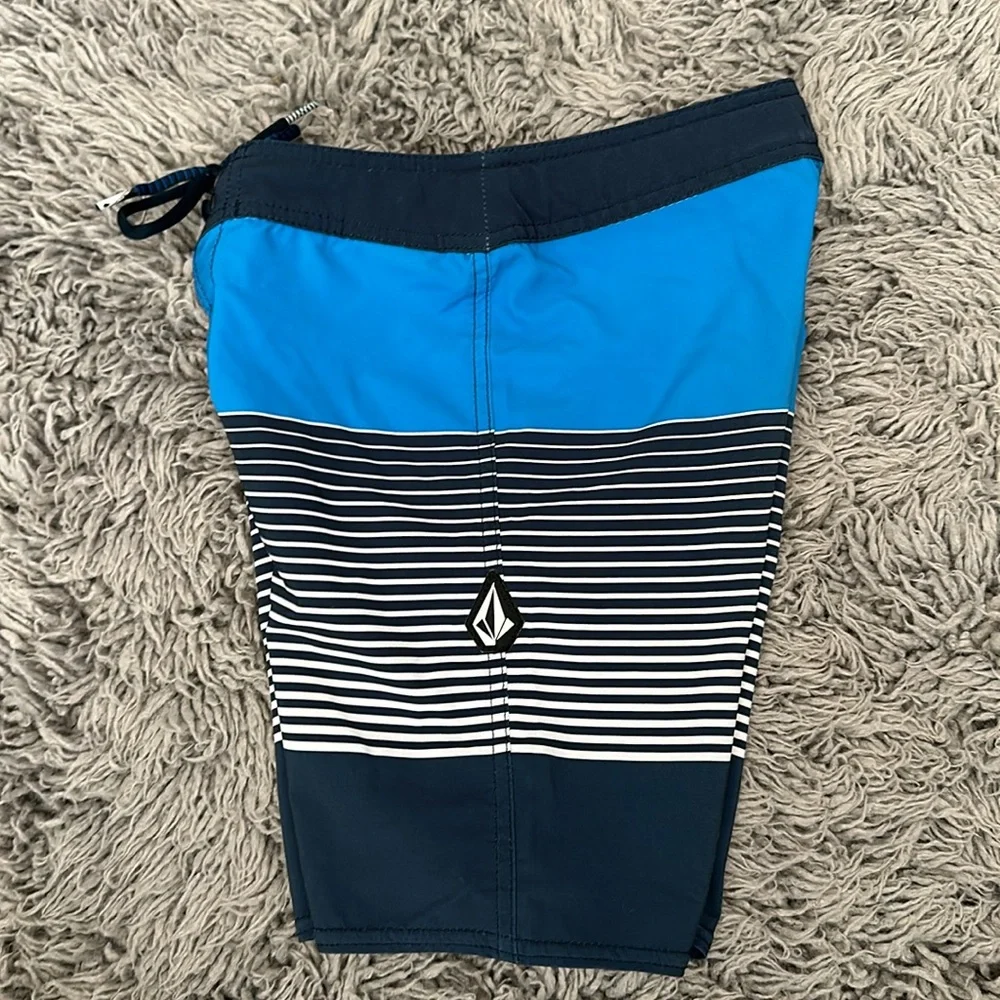 Volcom Boys Blue and Navy Striped Swim Trunks